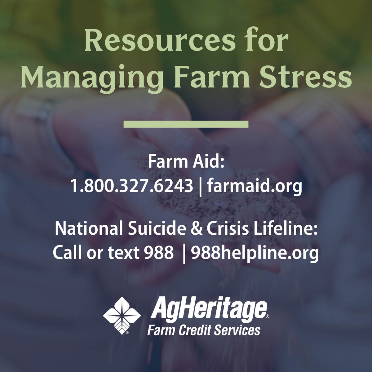 Farmers, ranchers and other ag professionals often face unique challenges. Farm Credit has partnered with several organizations to offer tools and resources designed to support mental health and stress management in agriculture. For more information, visit farmcredit.com/community-enga…