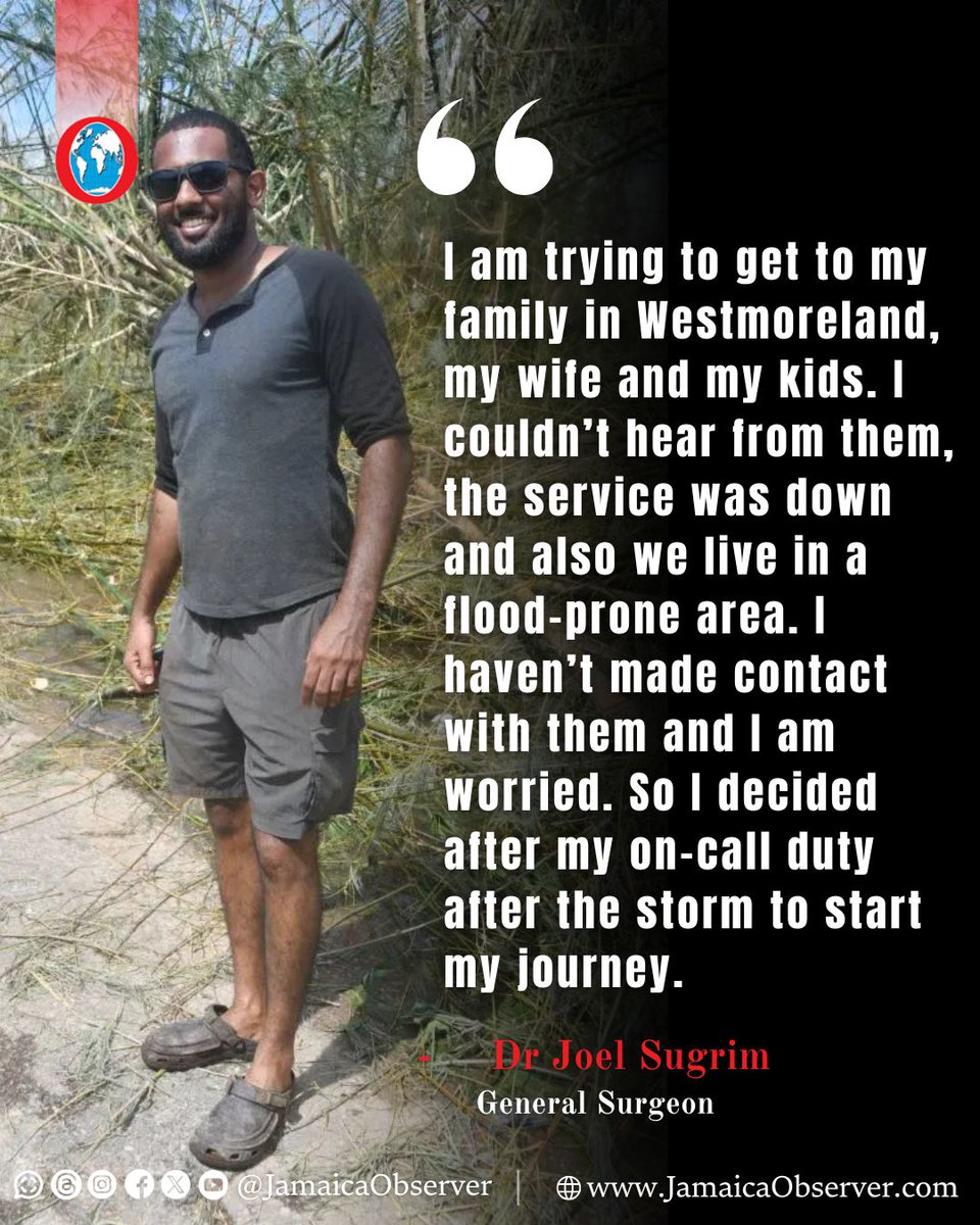 JamaicaObserver's tweet image. A general surgeon stationed at the Mandeville Regional Hospital spent over 24 hours non-stop chopping his way across two parishes in an attempt to get to his wife and children in Westmoreland.
jamaicaobserver.com/2025/11/06/sup…
