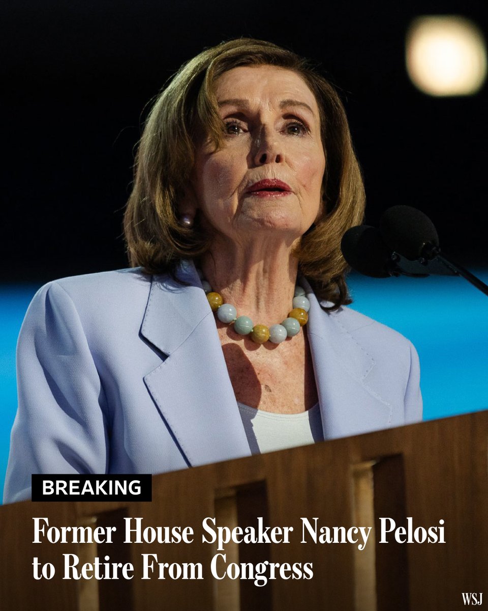 WSJ's tweet image. Breaking: Nancy Pelosi will retire from Congress at the end of this term, drawing to a close the decadeslong career of the first woman speaker of the House on.wsj.com/3XbvJkO
