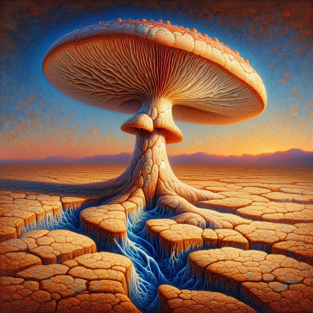 Shroomie_land's tweet image. Time bends in the desert fungus: a surreal melting mushroom clock with glowing blue mycelium veins below cracked earth. Dreamlike textures meet eerie serenity. 🕰️🌵🍄 #Surrealism #MushroomArt #FungiMagic