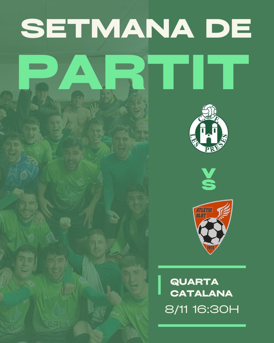 🔜DOBLE PARTIT🔜

Després de la presentació tenim doble partit🔝

A les 16:30 el filial rep @atleticolot amb l’objectiu de sumar tres punts🫡

A les 19:00 partidàs del primer equip contra <a href="/abadessenc/">Abadessenc</a> per tancar un gran dissabte👏

Doble partit = doble victòria🤞
