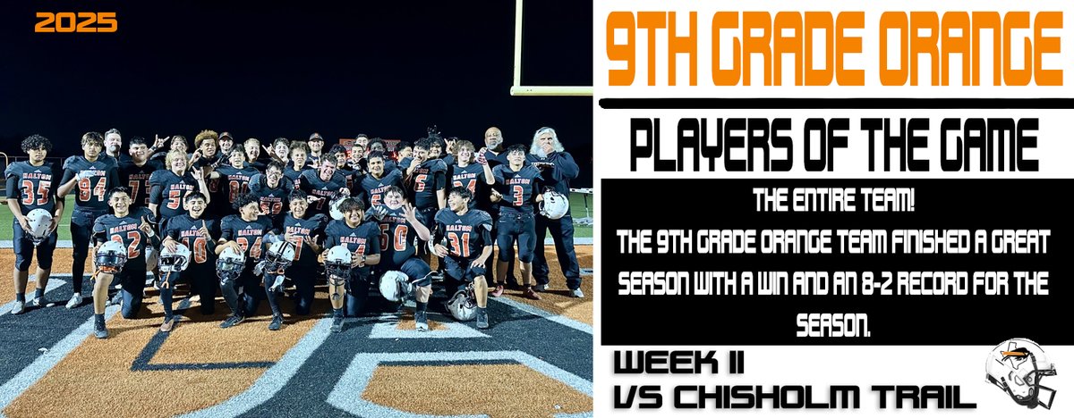 9th Grade Orange Team finished the season with a win and an outstanding 8-2 record!  
#HaltomFamily <a href="/FootballHaltom/">Haltom Football Boosters</a> <a href="/HHSBuffNation/">Haltom High Buff Nation</a>