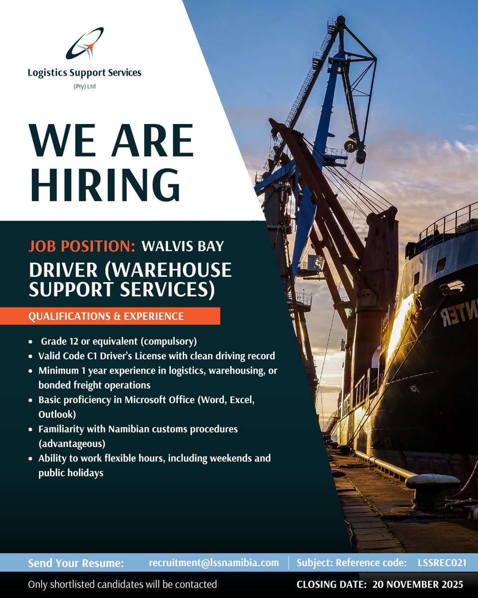 LSS_Namibia's tweet image. We’re Hiring
LSS is looking for a dependable Driver Warehouse Support Services to join our team in Walvis Bay.

Apply before 20 November 2025
recruitment@lssnamibia.com
Ref: LSSREC021

#LSSNamibia #JoinOurTeam #LogisticsCareers #OperationalExcellence #WarehouseSupport
