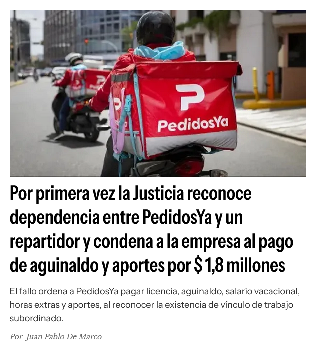 ⚖️ Es trabajador de <a href="/pedidosya/">PedidosYa</a>, no "socio", dice la Justicia de #Uruguay 🇺🇾

“Subordinación algorítmica”: el sistema automatizado de asignación de pedidos y evaluaciones “funciona como un sofisticado mecanismo de control conductual”.