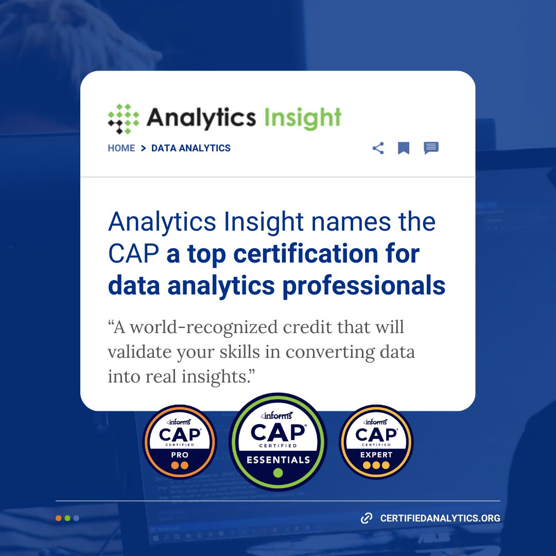 CAP is recognized again as a top certification for data analytics professionals. 🏆

What makes CAP stand out to <a href="/analyticsinme/">Analytics Insight</a>: 'World-recognized credit that validates skills in converting data into real insights'.

Ready to join the ranks? Learn more: hubs.ly/Q03Pwq6X0