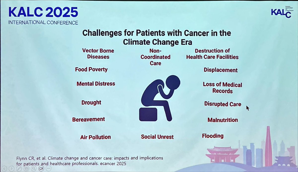 Fascinating opening to #KALC 2025

🌍Impact of climate change on lung cancer &amp; treatment: Roselle De Guzman

🌪️ Natural disasters impact medicine manufacturing 
🔥 Wild fires increase lung cancer rates
🔥 Wild fires impact cancer survival 
🏥 Healthcare has large carbon 👣