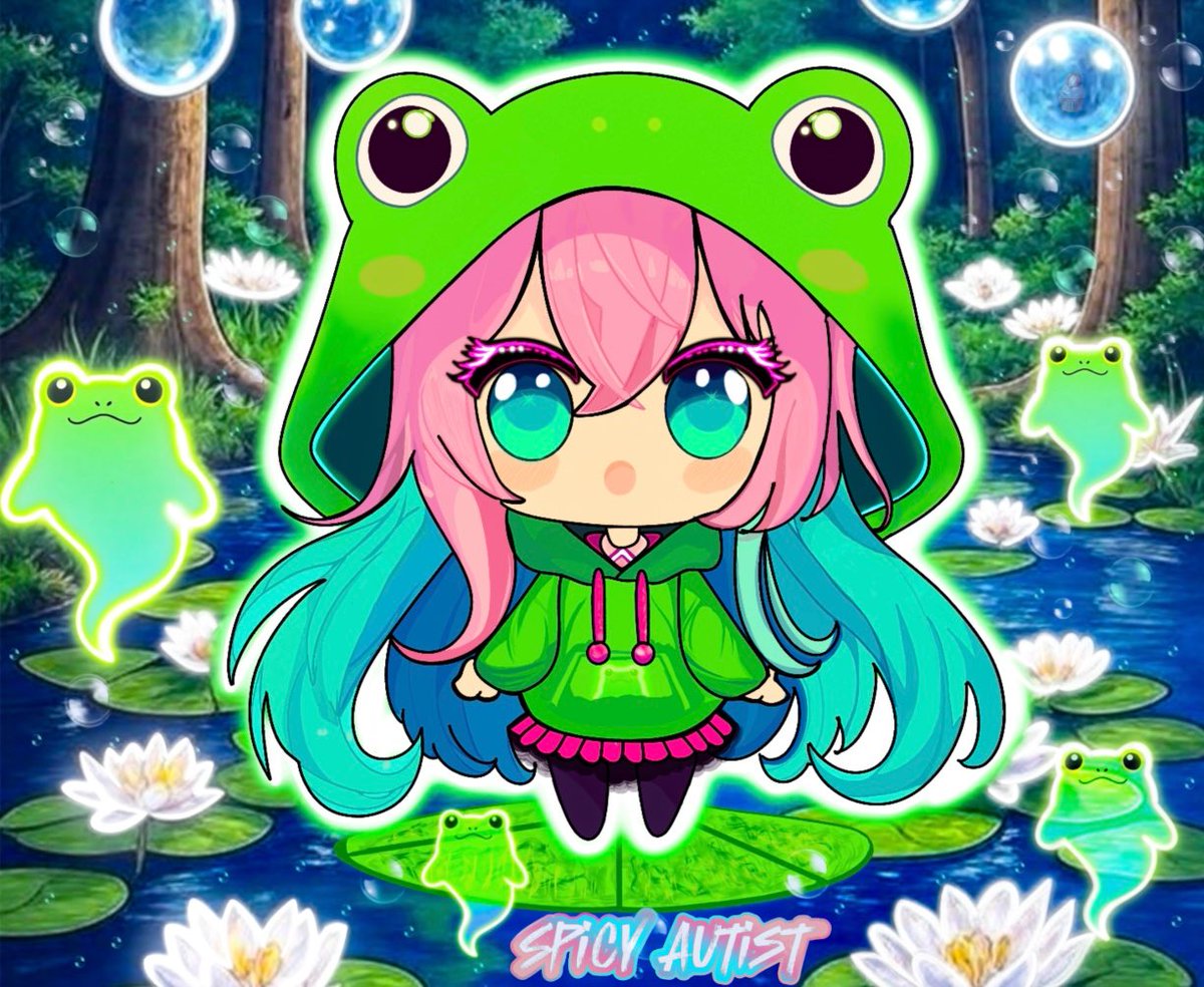 SpicyAutist's tweet image. 🫧🐸Ribbit itz ur Pond Princess Spicy🐸
✨Caught mid glow in da lilylit lagoon🌙 where every bubble🫧holdz a secret pastry recipe &amp;amp; every ghost froggie is my hype squad🐸👻 Hood up &amp;amp; froggie up for chaoz in da cutest form! Who’z jumpin’ in with me? 🫧💚 #kawaii #procreateart