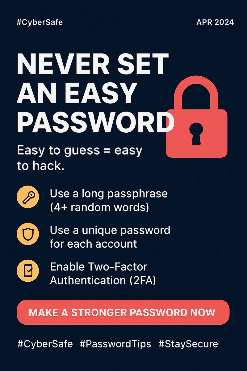 PP_kapurthala's tweet image. 🔒 Strong passwords protect everything you do online.
Never use easy or repeated passwords — they’re a hacker’s dream!
#CyberSafe #PasswordTips #StaySecure