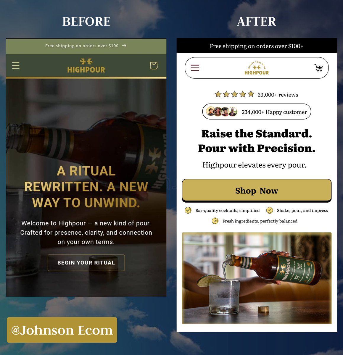JPaages's tweet image. I designed Before And After for HIGHPOUR 

A clean redesign that instantly boosts trust, clarity, and conversions.

The new layout highlights social proof, simplifies the CTA, and makes the offer impossible to miss.
Sometimes, less really does more.

#EcommerceDesign #LandingPage