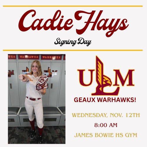 Signing Day is November 12th at 8am in the gymnasium at Bowie High School. Come out and support our Senior Cadie Hays for her amazing accomplishment joining The University of Louisiana-Monroe!