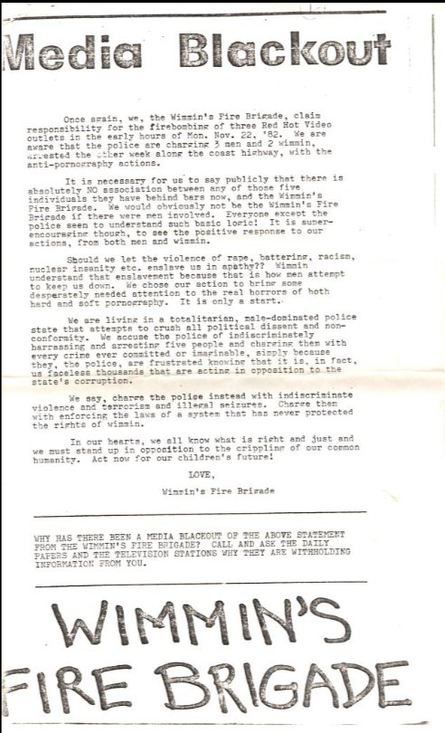 MagCalledFrenzy's tweet image. On November 22nd 1982, a guerrilla feminist group in Vancouver called &quot;Wimmins Fire Brigade&quot; firebombed three Red Hot Video porn stores that had been known to sell extremely violent pornography.