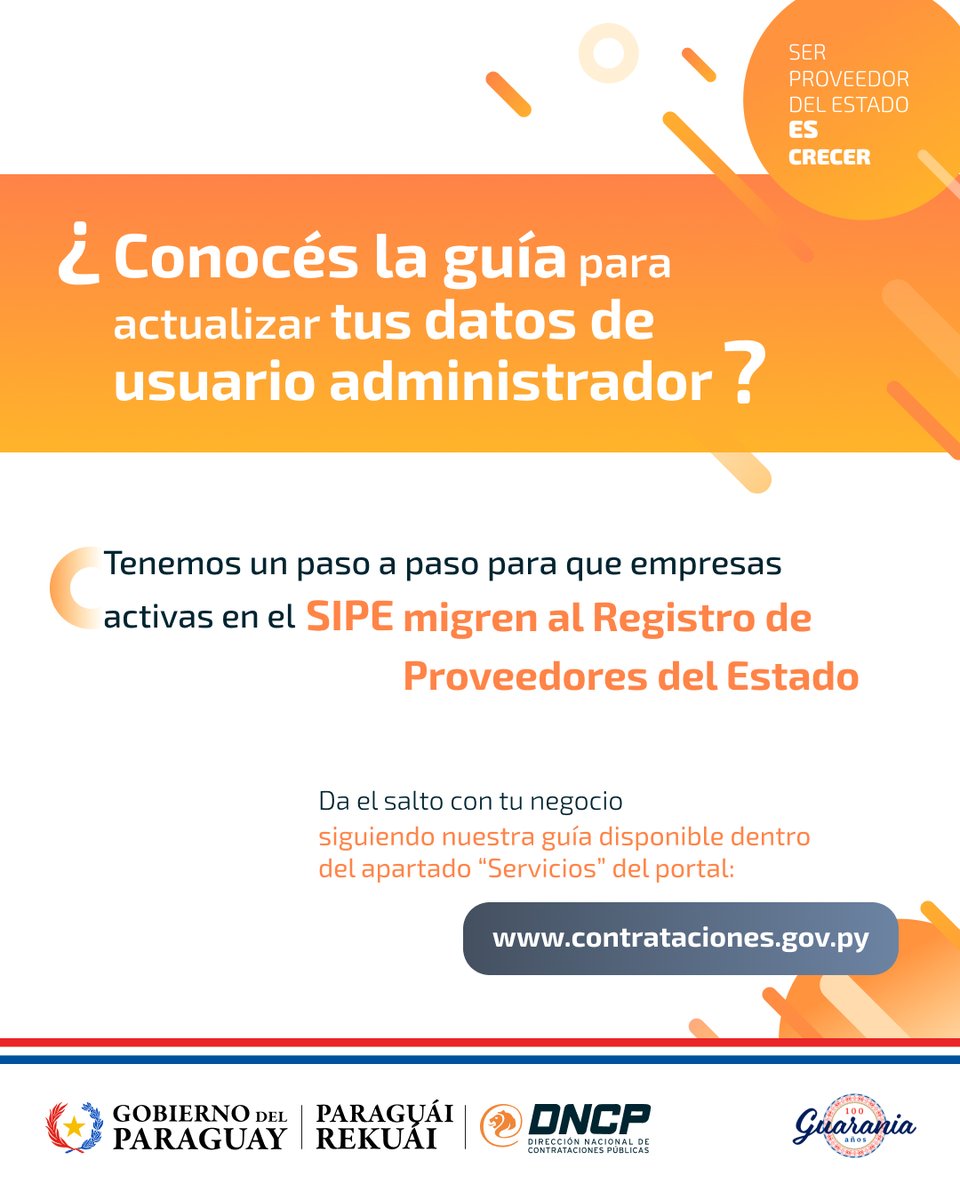 🤝🏻 ¡Te ayudamos a ser proveedor del Estado!

Seguí nuestra guía para que tu empresa activa en el SIPE forme parte del Registro de Proveedores del Estado. 📝

Ingresá a 🔗 bit.ly/Guía-Actualiza… para aprender más.