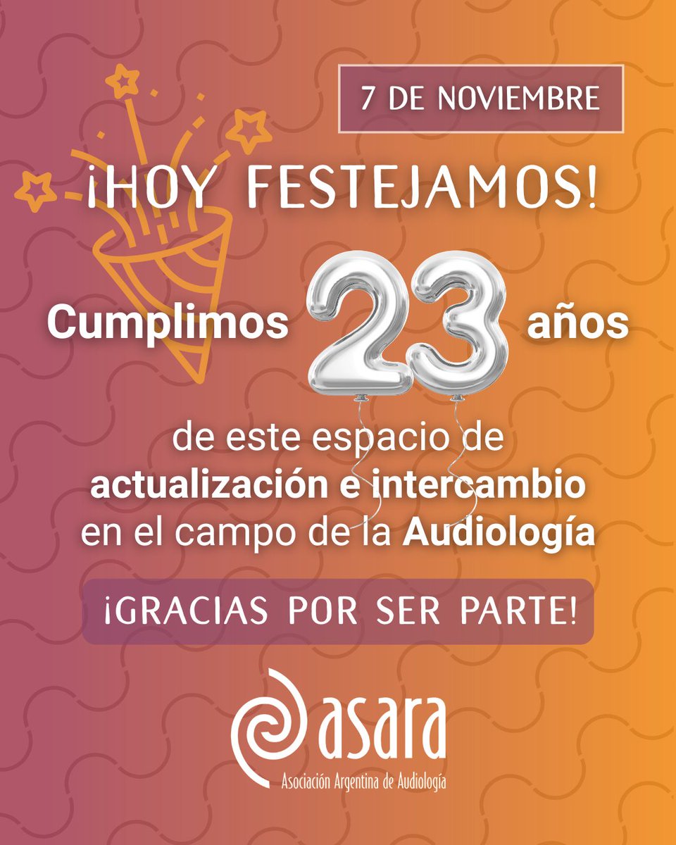 🎉 ¡Hoy festejamos! ✨ ¡ASARA cumple 23 años!

💫 Celebramos un nuevo aniversario, reafirmando nuestros valores: la ética, la responsabilidad, la excelencia académica, el pluralismo, la integración y el rigor científico

asara.org.ar

#audiología #audición