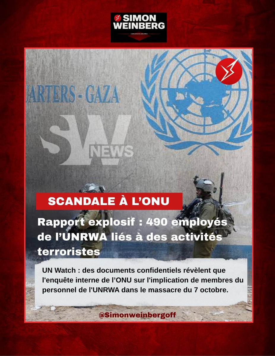 🔴🌍 | ONU > Rapport explosif : 490 employés de l’UNRWA liés à des activités terroristes ou à la propagande du Hamas. Des documents confidentiels révèlent que l'enquête interne de la CIJ sur l'implication de membres du personnel de l'UNRWA dans le massacre du 7 octobre a écarté