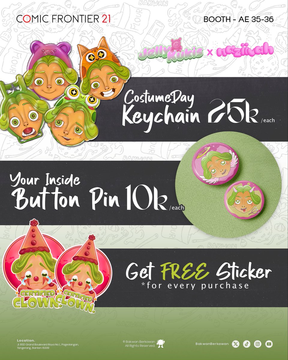 bakwanberkawan's tweet photo. Selain koleksi merch dari Bakwan: Fight Back dan BeaconCream, ada juga merch dari para content creator lainnya loh! Yuk cek katalognya~ (˶ˆᗜˆ˵)
Temui kami di booth AE 35-36 #ComifuroXXI ya!
#CFXXI #Comifuro21 #ShanonVyoma #ShinonVyoma #JellyKukis #Naziivah #KaranimueYumi #Fure https://t.co/obL7s7wbds