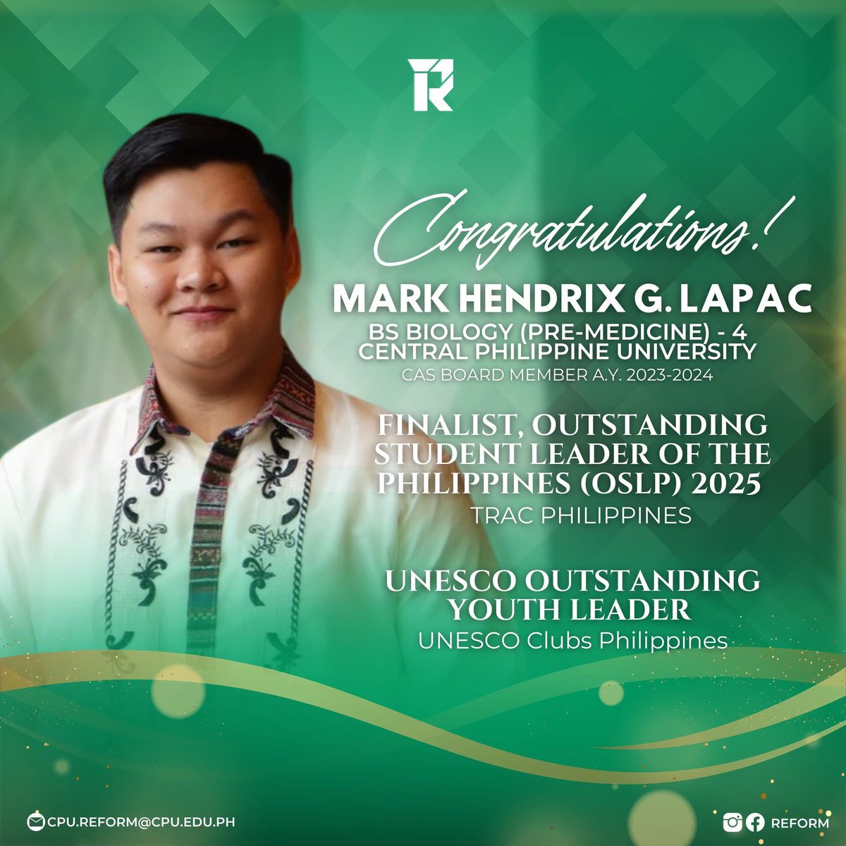 CPUReform's tweet image. Huge congratulations to our Reformista, 𝗠𝗔𝗥𝗞 𝗛𝗘𝗡𝗗𝗥𝗜𝗫 𝗚. 𝗟𝗔𝗣𝗔𝗖, one of the 𝗙𝗜𝗡𝗔𝗟𝗜𝗦𝗧, 𝗢𝗨𝗧𝗦𝗧𝗔𝗡𝗗𝗜𝗡𝗚 𝗦𝗧𝗨𝗗𝗘𝗡𝗧 𝗟𝗘𝗔𝗗𝗘𝗥 𝗢𝗙 𝗧𝗛𝗘 𝗣𝗛𝗜𝗟𝗜𝗣𝗣𝗜𝗡𝗘𝗦 (𝗢𝗦𝗟𝗣) 𝟮𝟬𝟮𝟱! 🤍

#Reform2025