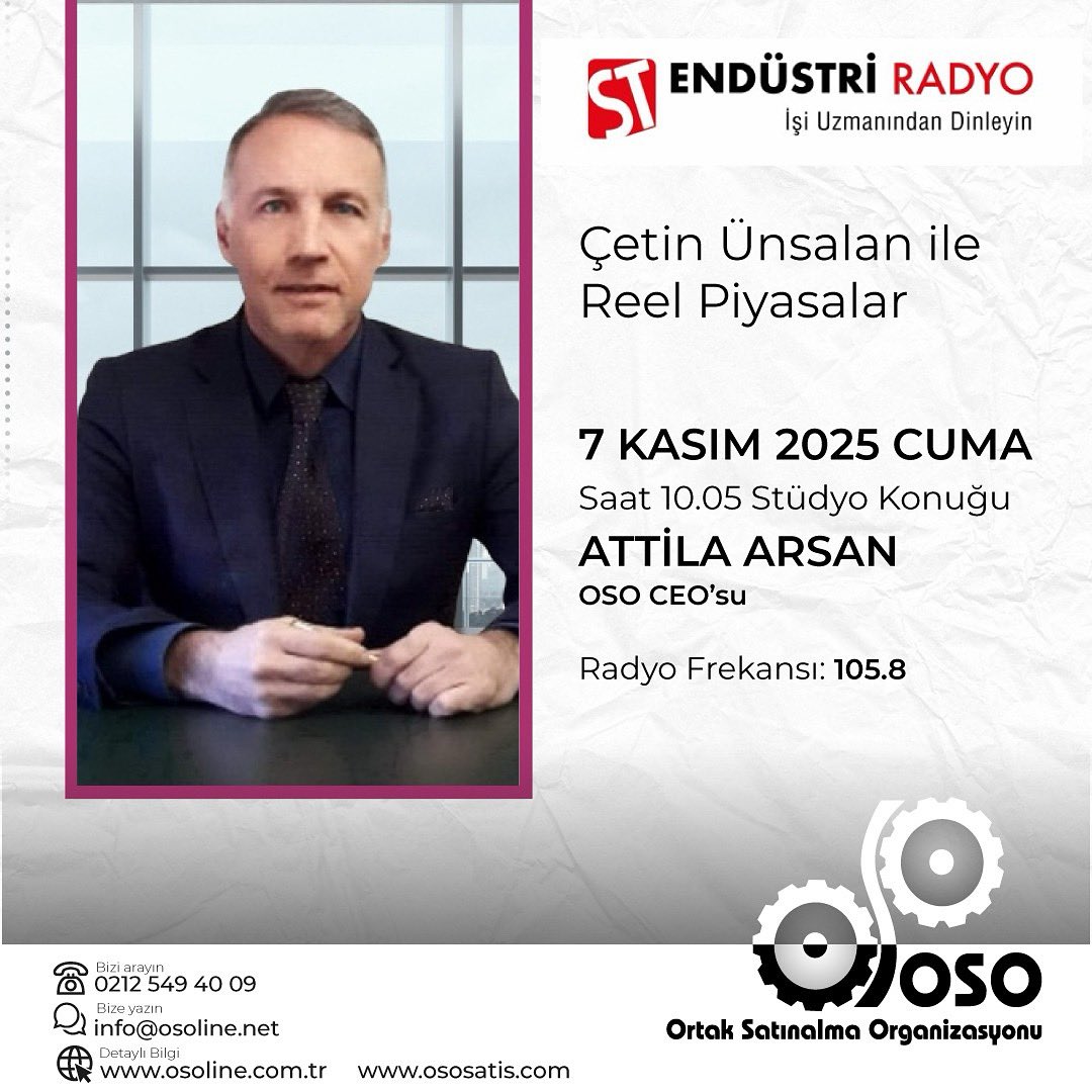 OSOLINE_'s tweet image. OSO CEO&apos;su Attila Arsan, yarın saat 10:05&apos;de ST Endüstri Radyo Çetin Ünsalan&apos;ın Reel Piyasalar programına stüdyo konuğu olarak katılacak.

Frekanslar;
İstanbul, Kocaeli, Yalova: 105.8
Ankara: 100.7

radyo.stendustri.com.tr

#osoline #ososatis #stendüstriradyo #reelpiyasalar