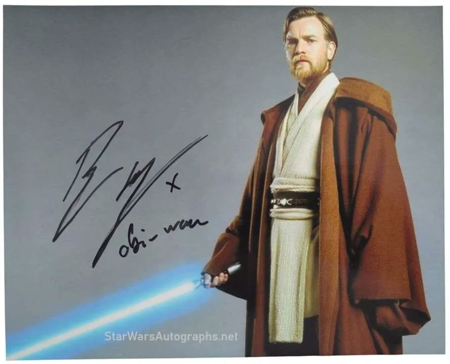 FirstClassMem's tweet image. Authentic Ewan McGregor signed Obi Wan Kenobi photo Star Wars 8×10″. Colour image of Ewan as Obi Wan Kenobi signed in black marker pen adding Obi-Wan underneath his signature.

 starwarsautographs.net/product/ewan-m…