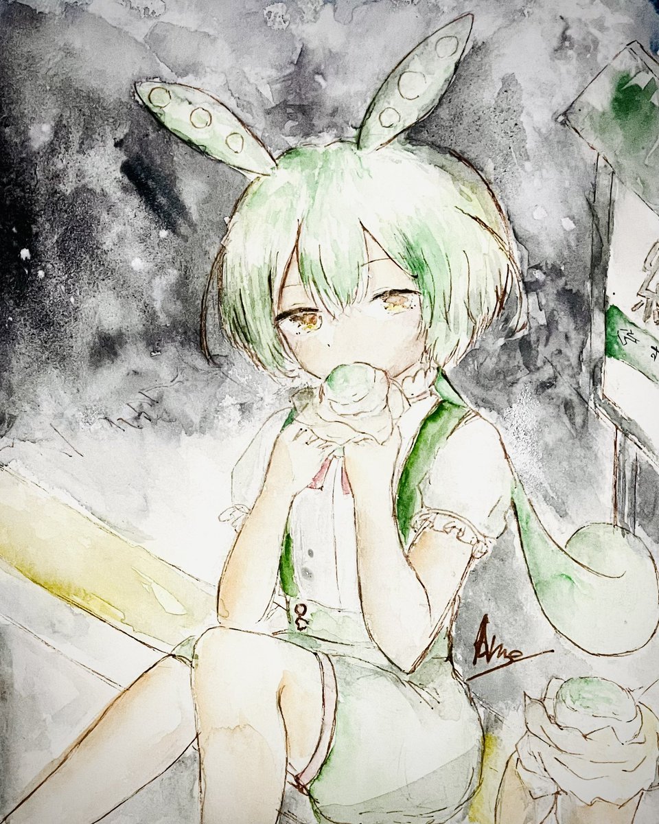 #なみぐらむ
#透明水彩 
#ずんだもん 
「あなたは世界の終わりに...」