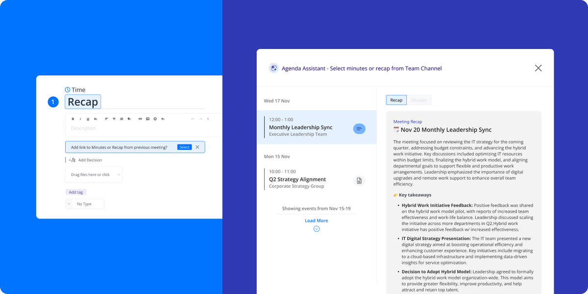 decisions's tweet photo. A meeting agenda that writes itself? It's possible.

When building an agenda in Decisions, you can now insert AI recaps or minutes from any previous meeting.

#MeetingManagement #AIforMeetings #MicrosoftTeams https://t.co/XZdZ10e1GK