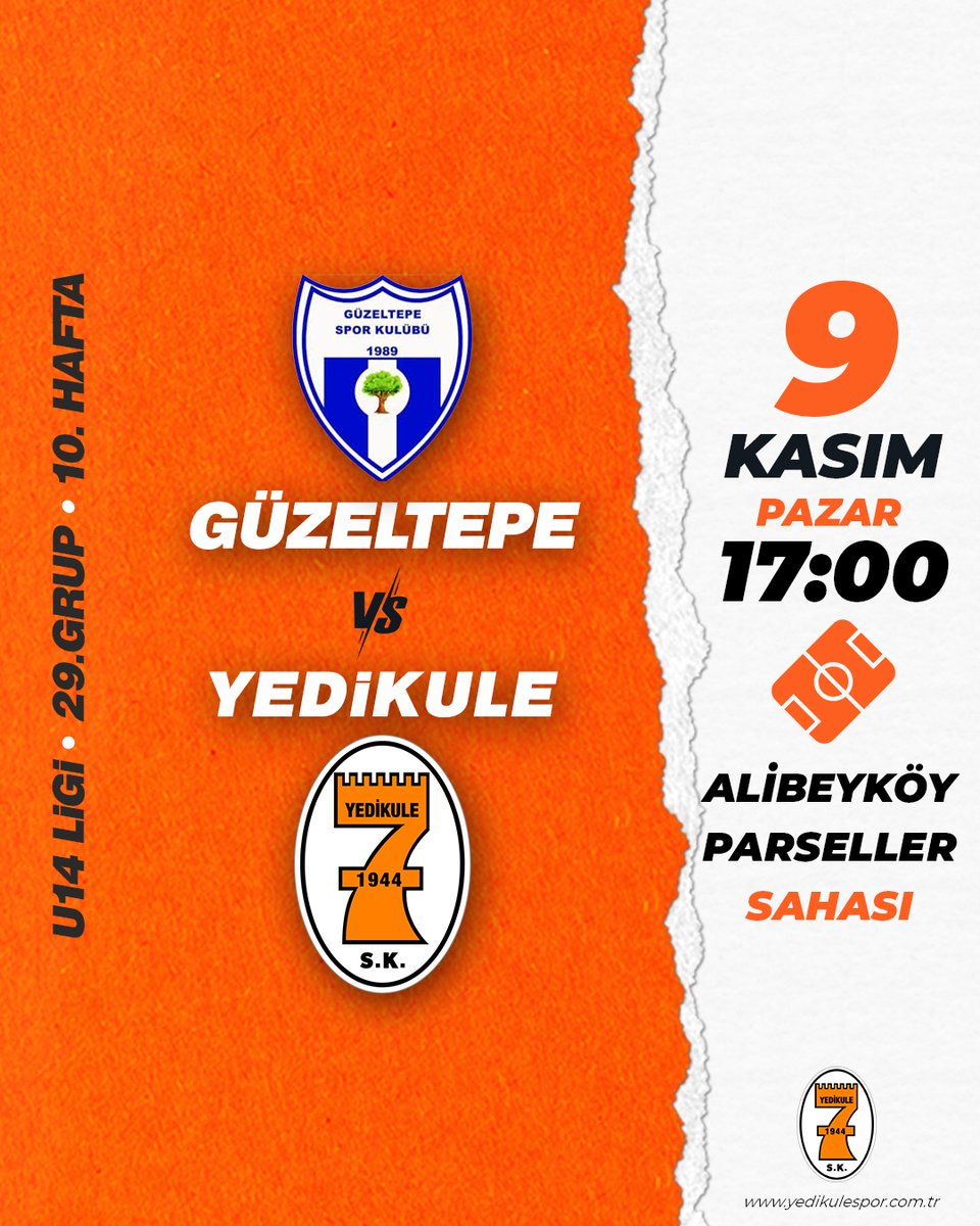 U14 ligi 10. hafta maçımız, 9 Kasım Pazar günü, Güzeltepe spor ile Alibeyköy Parseller Sahasında oynanacaktır.
Sporcularımıza başarılar diliyoruz. 🟠⚪️
#YedikuleninÇocukları