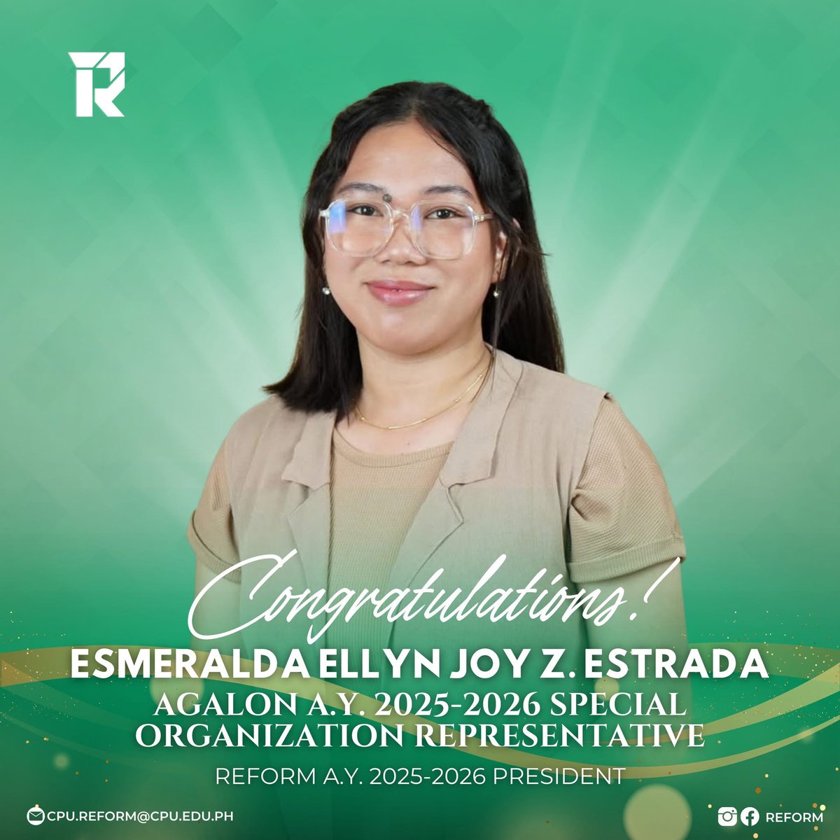 CPUReform's tweet image. Proudly congratulating a fellow reformista for the 𝐂𝐏𝐔 𝐑𝐞𝐩𝐮𝐛𝐥𝐢𝐜 – 𝐀𝐠𝐚𝐥𝐨𝐧 𝐌𝐨𝐭𝐡𝐞𝐫 𝐎𝐫𝐠𝐚𝐧𝐢𝐳𝐚𝐭𝐢𝐨𝐧 for A.Y. 𝟮𝟬𝟮𝟱–𝟮𝟬𝟮𝟲, 

⚜️𝗦𝗽𝗲𝗰𝗶𝗮𝗹 𝗢𝗿𝗴𝗮𝗻𝗶𝘇𝗮𝘁𝗶𝗼𝗻𝘀 𝗥𝗲𝗽𝗿𝗲𝘀𝗲𝗻𝘁𝗮𝘁𝗶𝘃𝗲⚜️
 𝘌𝘴𝘮𝘦𝘳𝘢𝘭𝘥𝘢 𝘌𝘭𝘭𝘺 𝘡. 𝘌𝘴𝘵𝘳𝘢𝘥𝘢