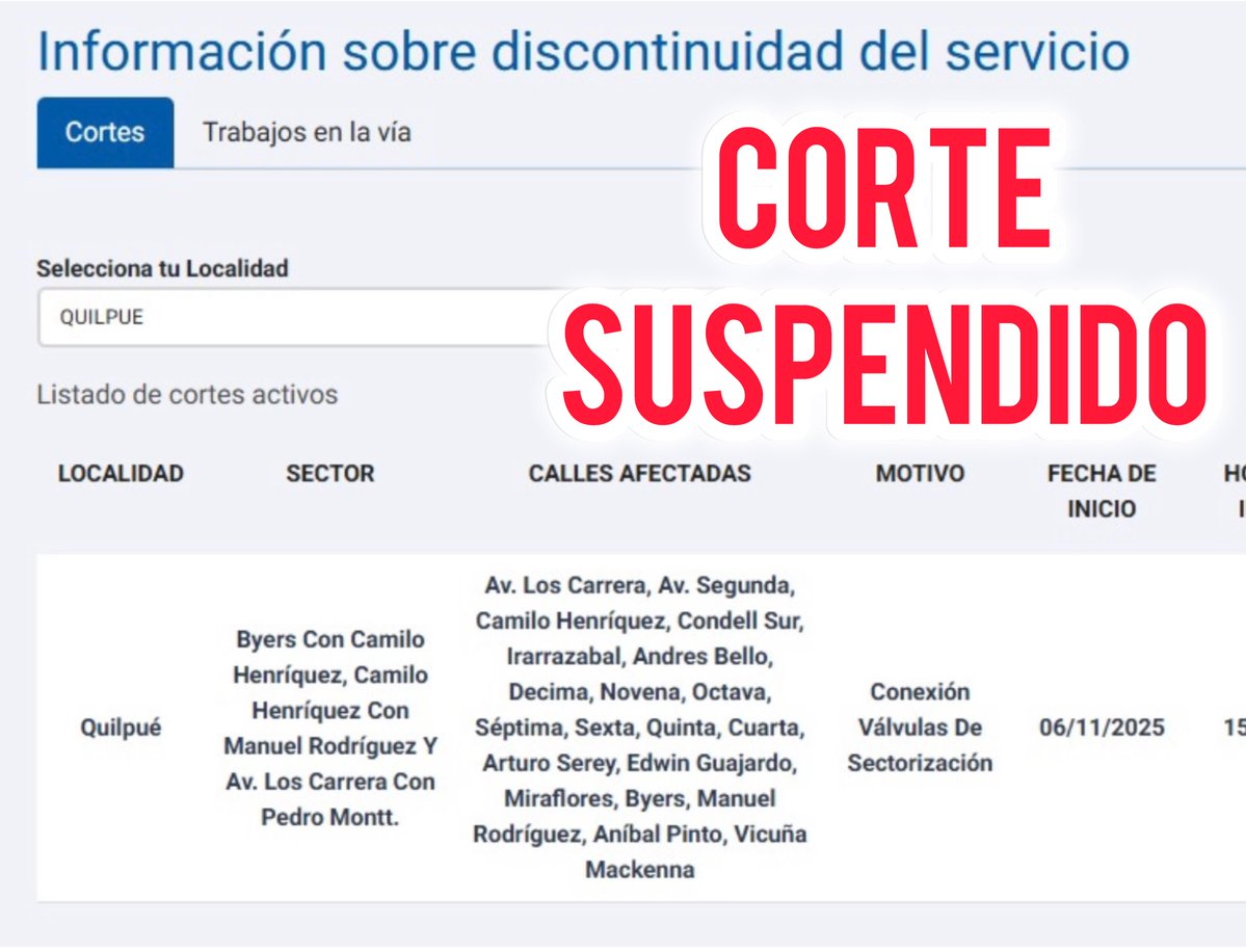IMPORTANTE📣‼️

El corte de agua programado para este jueves 6 de noviembre en Quilpué fue SUSPENDIDO.

Avisaremos con anticipación nueva fecha.