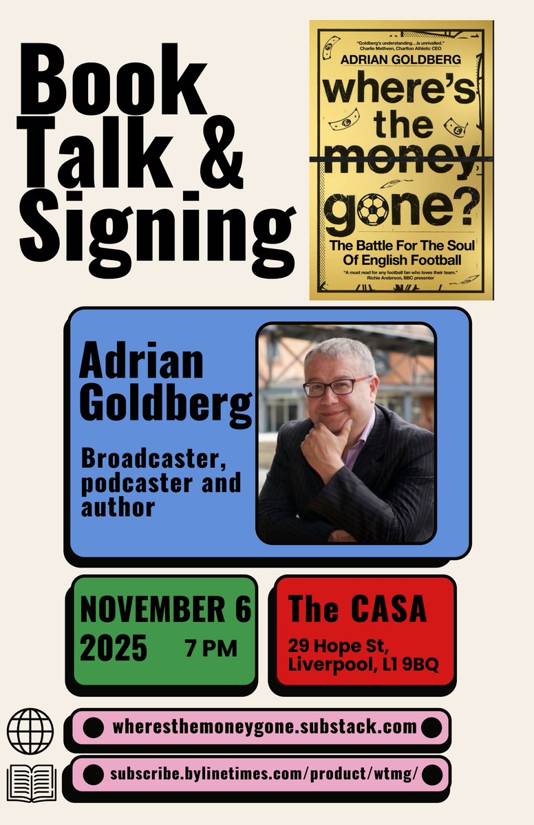 TONIGHT IN LIVERPOOL  

I'll be sharing stories from my new book 'Where's The Money Gone?  The Battle For The Soul Of English Football' with <a href="/JoeblottJoe/">Joe Blott</a> <a href="/spiritofshankly/">Spirit of Shankly</a> 

We'll be kicking off at 7pm sharp at CASA on Hope Street  FREE ADMISSION #lfc #efc #trfc