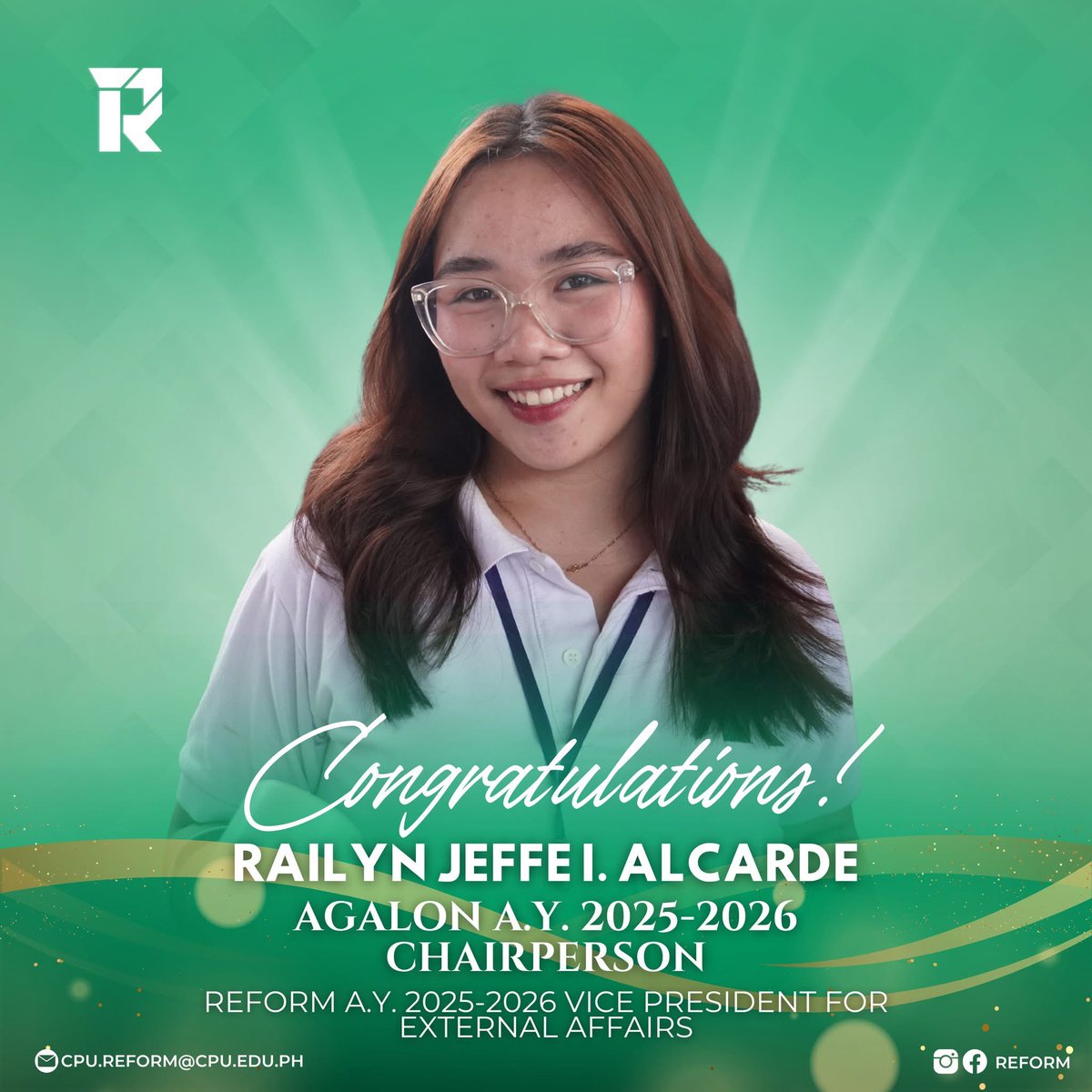 CPUReform's tweet image. Proudly congratulating a fellow reformista for the 𝐂𝐏𝐔 𝐑𝐞𝐩𝐮𝐛𝐥𝐢𝐜 – 𝐀𝐠𝐚𝐥𝐨𝐧 𝐌𝐨𝐭𝐡𝐞𝐫 𝐎𝐫𝐠𝐚𝐧𝐢𝐳𝐚𝐭𝐢𝐨𝐧 for A.Y. 𝟮𝟬𝟮𝟱–𝟮𝟬𝟮𝟲, 

⚜️𝗖𝗵𝗮𝗶𝗿𝗽𝗲𝗿𝘀𝗼𝗻⚜️
 𝘙𝘢𝘪𝘭𝘺𝘯 𝘑𝘦𝘧𝘧𝘦 𝘐. 𝘈𝘭𝘤𝘢𝘳𝘥𝘦 

#Reform2025