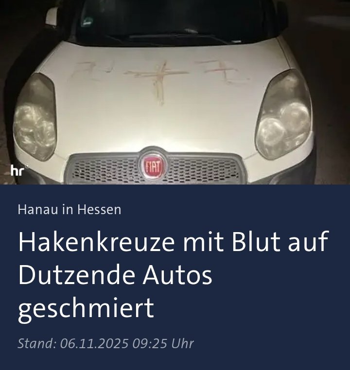 DANK DER FASCHISTOIDEN AfD ‼️
Ist in 🇩🇪 der Nationalsozialismus wieder auf dem Vormarsch!
50 #Hakenkreuze (!)
mit menschlichem Blut (!)
auf Autos,Wänden usw.
in #Hanau (!)
AfD ist der parlamentarische Arm des Neofaschismus auf den Straßen! #AfDVerbotjetzt
tagesschau.de/inland/regiona…
