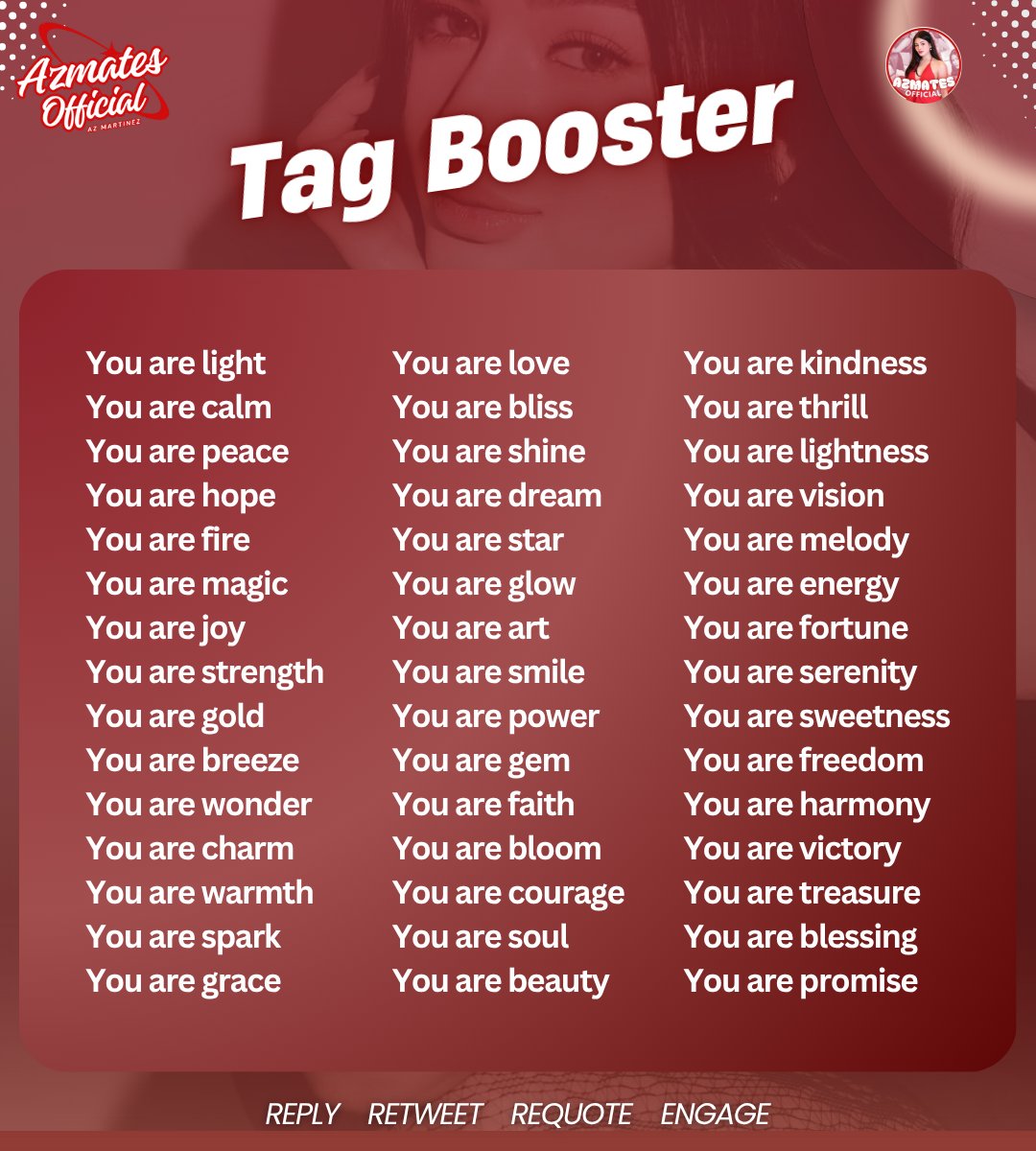 tag booster one

Reminders:
• Add three words per tweet
• No emojis
• No ALL CAPS
• No numbers
• Engage with big accounts
• RT and Quote

PENSHOPPEing WITH AZ
PENSHOPPEing WITH AZ
#PenshopeexAZ | #AzMartinez