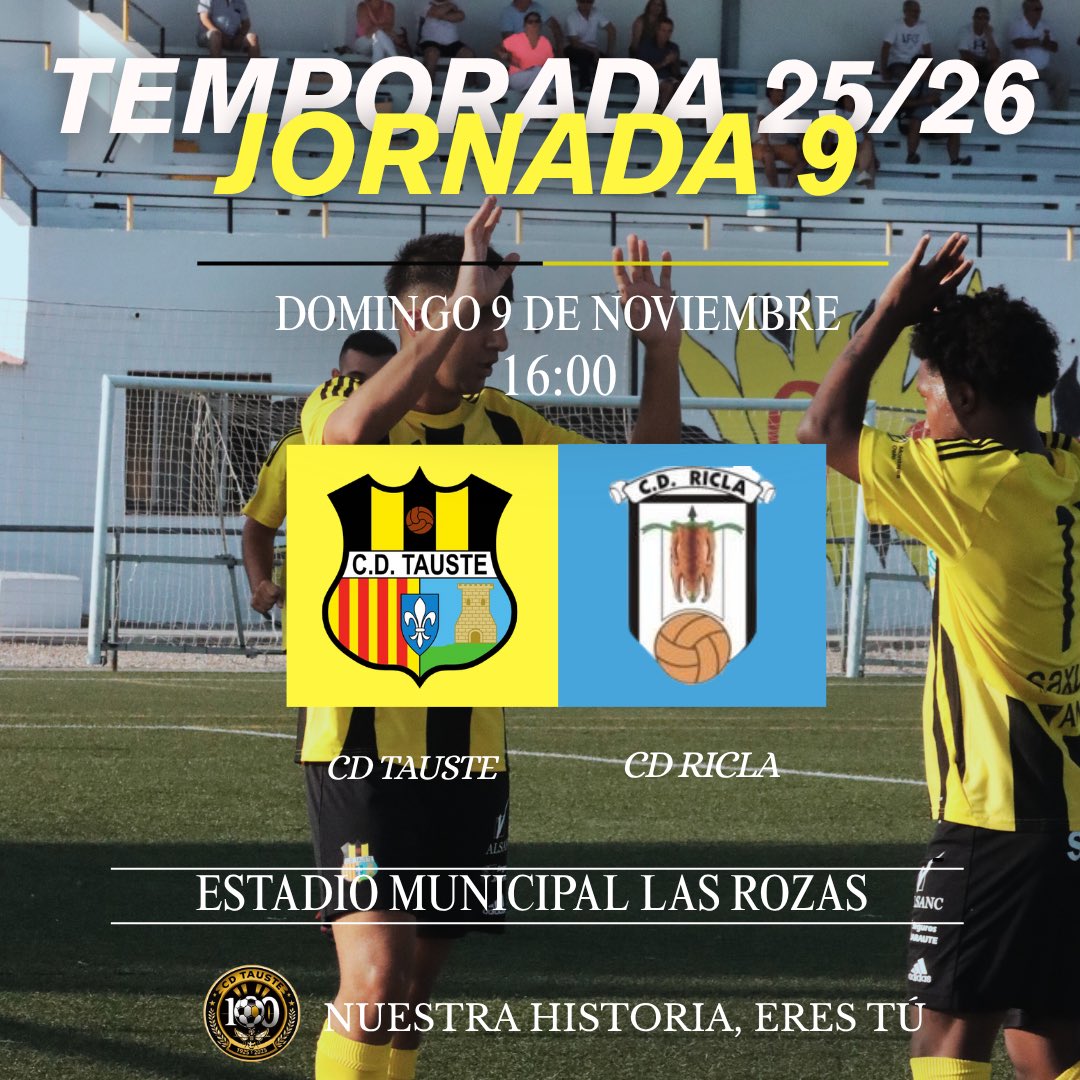 JORNADA 9⚽️
Nueva batalla en Las Rozas⚔️

Este domingo nos visita el Ricla, equipo que ocupa la décima posición en la tabla. Por nuestra parte, buscaremos otros tres puntos y encadenar la tercera victoria consecutiva. 

Os esperamos afición! 🙌🏼

Aupa el Tauste!🐝