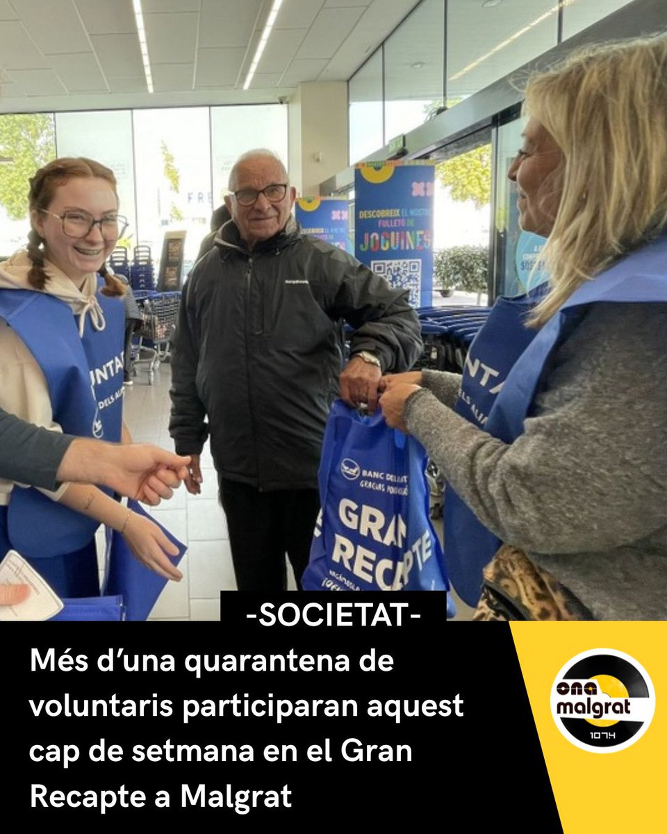 Malgrat se sumarà aquest cap de setmana al Gran Recapte d’Aliments amb una participació que supera la quarantena de voluntaris, i que seran coordinats per la Creu Roja.

🎙️Escolta l'entrevista amb el tècnic de la Creu Roja de l'Alt Maresme, Toni Cardó, a 
onamalgrat.cat/news/mes-duna-…
