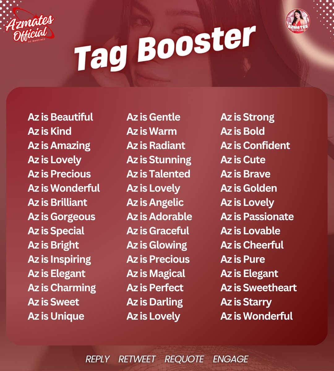 tag booster 

Reminders:
• Add three words per tweet
• No emojis
• No ALL CAPS
• No numbers
• Engage with big accounts
• RT and Quote

PENSHOPPEing WITH AZ
PENSHOPPEing WITH AZ
#PenshopeexAZ | #AzMartinez