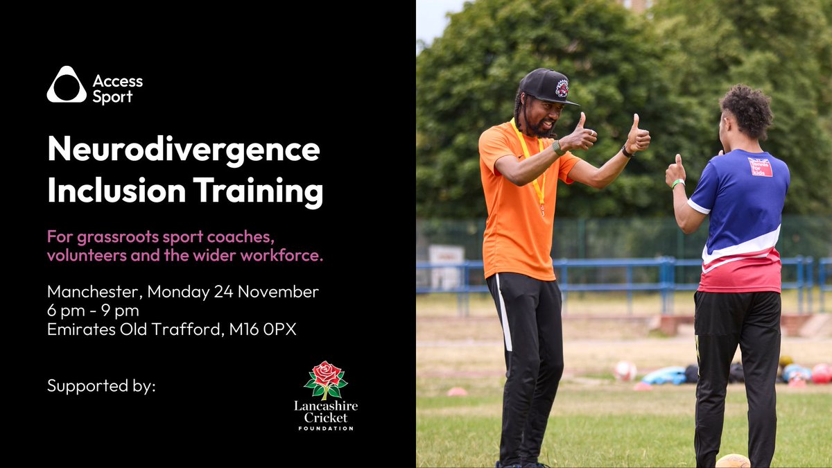 🧠⚽ Join the Neurodivergence Inclusion in Community Sport training in Manchester!

📅 Mon 24 Nov | ⏰ 6–9pm | 📍 Emirates Old Trafford

Learn how to make your club more inclusive.

👉 More information/registration: bit.ly/4p068HE