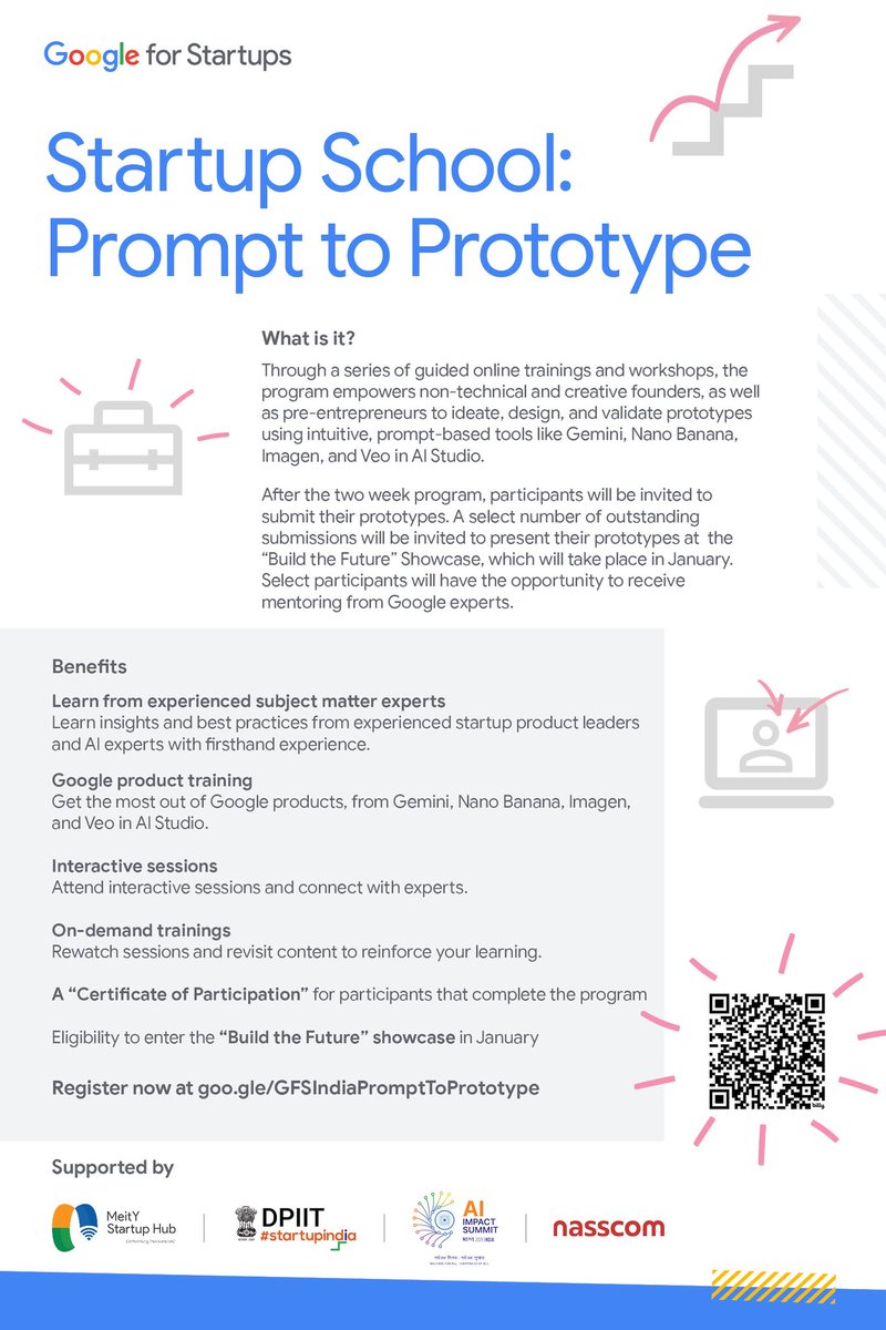 Founders &amp; aspiring founders in India 📣

If you’ve been sitting on a startup idea or unsure how to bring AI into your product - here’s your sign👷‍♀️

What: Free 2-week product-building program
When: Nov 27 – Dec 7
Details &amp; registration: goo.gle/GFSPromptToPro…

<a href="/GoogleStartups/">Google for Startups</a>