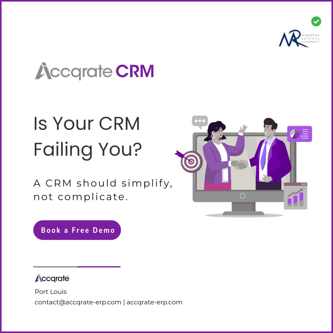 AccqrateM's tweet image. Tired of complex CRMs?
#AccqrateCRM simplifies workflows &amp;amp; keeps you MRA compliant. Work smarter, not harder.
#MRACompliance #MauritiusTech #SmartCRM #Mauritius #EInvoicing #CRM #CustomerRelationships #CustomerRelationshipManagement
