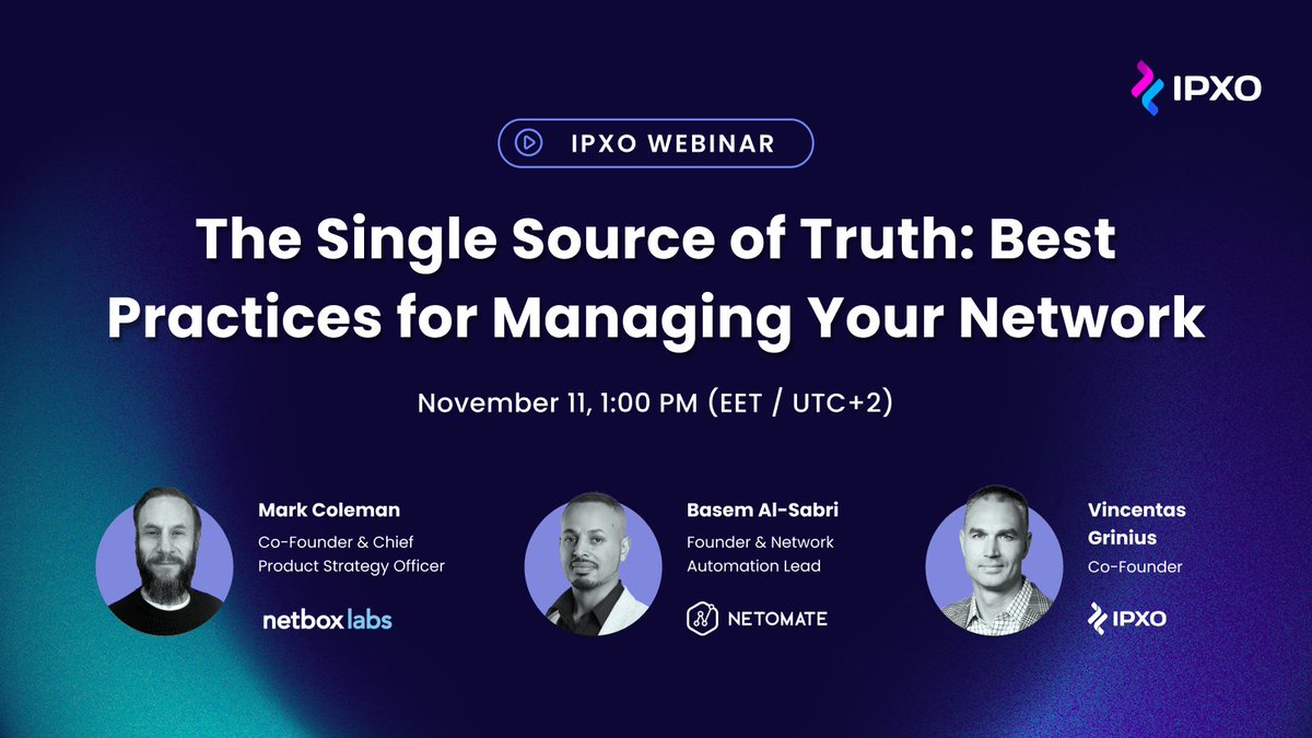 IPXOcom's tweet image. The IPXO Webinar is almost here! 🚀

“The Single Source of Truth: Best Practices for Managing Your Network” unites top industry voices to explore how SSOT boosts visibility, control &amp;amp; efficiency.

📅 Join us Nov 11: linkedin.com/events/7387385…

#IPXO #Networking  #FutureOfInternet