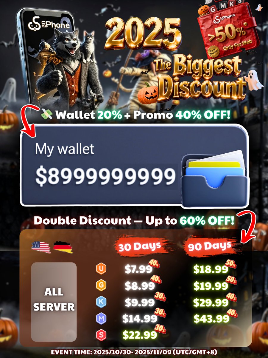 UgPhoneOfficial's tweet photo. 🔥UgPhone's BIGGEST DISCOUNT EVER —— Only 3 Days Left!💀😱

🔥🔥🔥 Up To 60% Off 🔥🔥🔥
✅ Instant Savings:  https://t.co/hnPZTmFchH

🎁 Rewards：
🎗100% Get UGPhone 10H Code

📕 Requirement：
✅ Follow + 🔁 Retweet

ℹ️ Form：
 https://t.co/TLgSuVDeqE
【Complete the tasks and fill out the form as required — you'll receive your rewards on Nov 10! 🎁】

🕙 Event Duration:
Nov 6 - Nov 9 , 2025 (Rewards distributed on Nov 10)

💸 Discount 20% off on top of discount 40% off-
 (Plus Top-Up Bonus, Buy via Website)

📽️UgPhone Wallet Tutorial Ep. 2:
https://t.co/M1obvYqeA3

🎉 Don't miss out on this limited discount and enjoy your game, no much stock left! 🎃👻
#UgPhone #Giveaway #code #discount #Halloween #Biggest #foryou