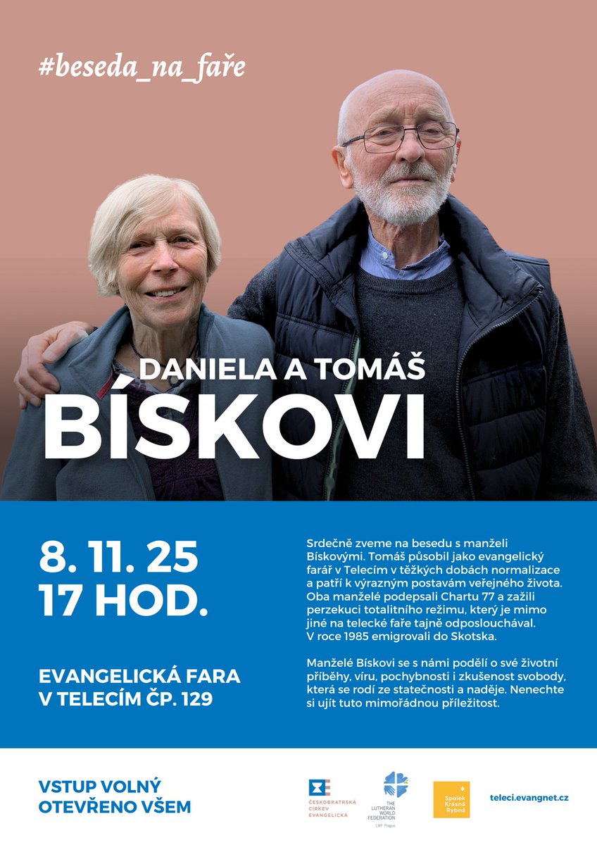 Ecirkev's tweet photo. Daniela a Tomáš Bískovi s rodinou byli v rámci "Operace Asanace" vyhnáni z Československa. (Také) o tom, co jim na faře estébáci dělali a jak s tím žili, budou vyprávět tam, kde se to celé seběhlo. V sobotu 8.11. od 17 hodin na místní evangelické faře v Telecím. https://t.co/MMG4kYkK2w