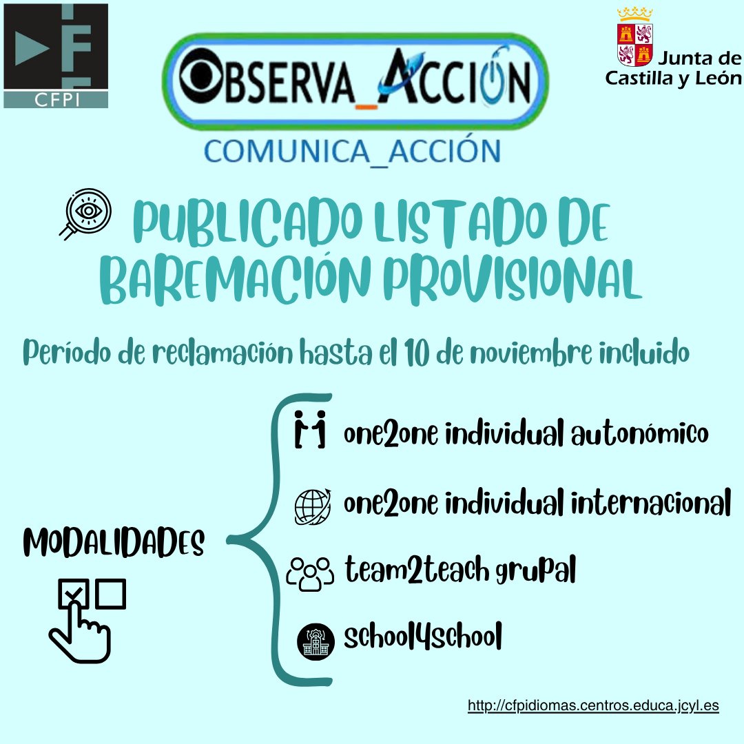 CFPIdiomas's tweet photo. Disponibles los listados de baremación provisional del PIE Observa-Acción 👀Comunica-Acción 🗣️
Presentación de subsanaciones hasta el 10 de noviembre.
#observaacción #one2one #team2teach #school4school
#formacioncyl #innovacyl #internacionalizacyl
#aprendeinnovaycomparte https://t.co/xUPhCcSnli