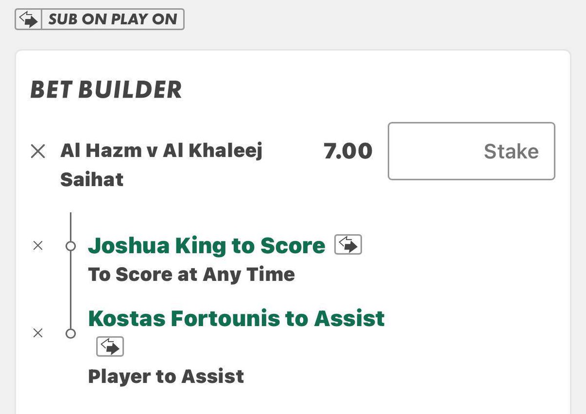 Al Hazm v Al Khaleej

Josh King AGS - 2.62 (Bet365) (0.75 Units)

Kostas Fortunis Assist - 3.75 (Bet365) (0.5 Units)

Bet Builder - 7.0 (Bet365) (0.25 Units)

Since joining King scored 9 Goals in 7 matches 
Fortunis with 7 Assists in 7 Games 

5 of those 7 were for a King Goal
