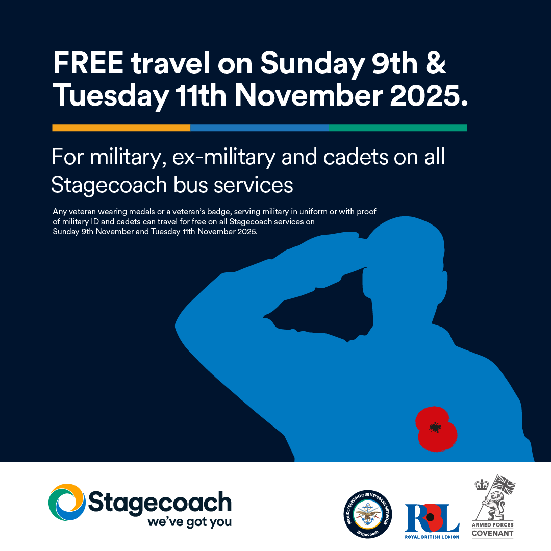 StagecoachMCSL's tweet photo. As part of our commitment to honour the Armed Forces, veterans, serving personnel, and cadets can travel FREE on Remembrance Sunday (9th Nov) &amp; Remembrance Day (11th Nov).

🎖️ Thank you for your service.

📰 Read more: https://t.co/JJoOZvwVUO https://t.co/sJ2mNLGLKB