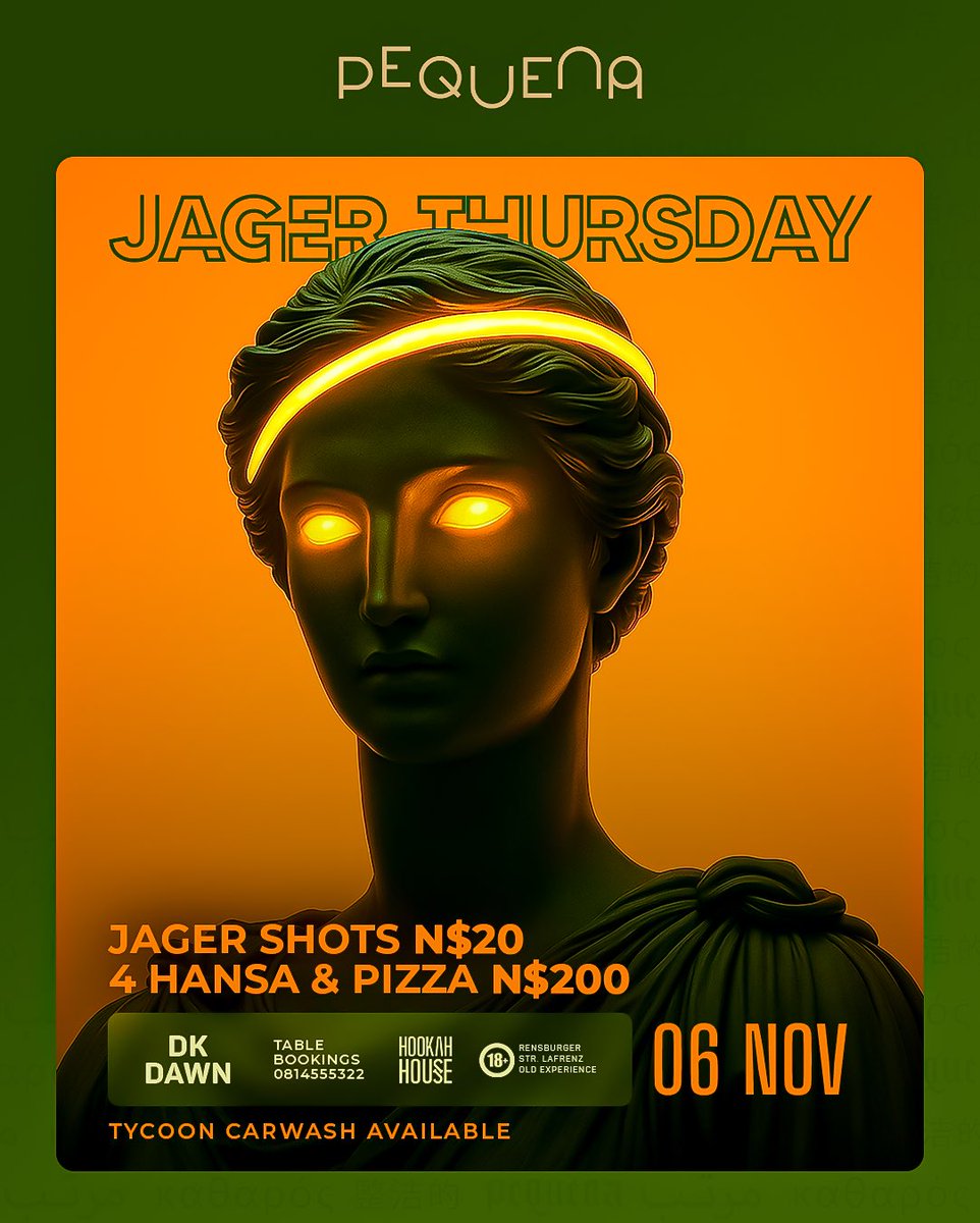 🔥 JAGER THURSDAY 
Shots flowing, vibes glowing! 💃🏽
💥 JAGER SHOTS – only N$20
🍕 4 HANSA + PIZZA – just N$200
🎧 DK &amp; DAWN on the 1s and 2s bringing the heat all night!

#JagerThursday