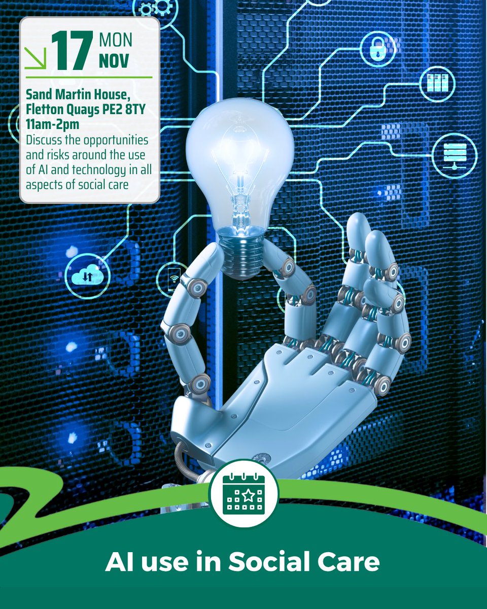 PeterboroughCC's tweet image. Carers, those supported by care, and those with an interest in AI use in social care are encouraged to attend an event to discuss opportunities and risks and take an in-depth look at what we've done so far with AI and technology.

📅 Monday 17 November
🕙 11am-2pm
📍 Sand Martin…