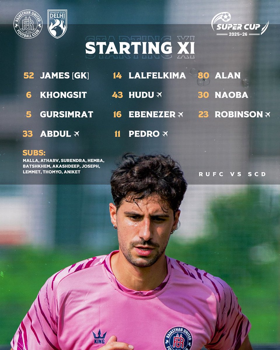 RajasthanUnited's tweet photo. 🏟️ 11 Men, 1 Mission —𝐇𝐞𝐫𝐞’𝐬 𝐑𝐔𝐅𝐂

#𝐀𝐛𝐤𝐡𝐞𝐥𝐞𝐠𝐚𝐑𝐚𝐣𝐚𝐬𝐭𝐡𝐚𝐧
#aiffsupercup25 #rajasthanunitedfc #matchday3 #startingXI #desertwarriors #RUFCvsSCD https://t.co/fuPdwPooIG
