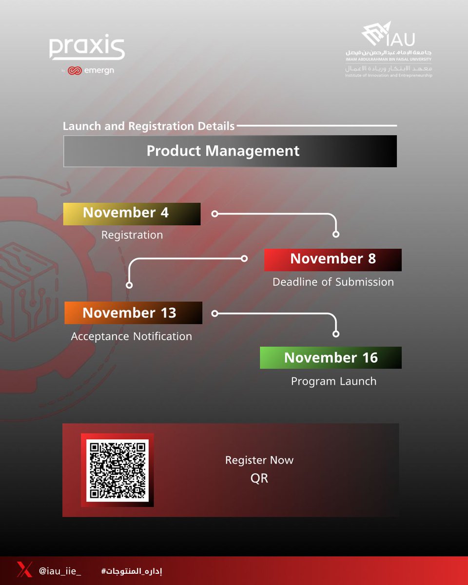 #إعلان 
يسر معهد الابتكار وريادة الأعمال الإعلان عن تفاصيل الإطلاق والتسجيل لبرنامج إدارة المنتوجات، وذلك بالتعاون مع شركة Emergn العالمية ومنصة Praxis التعليمية، بهدف تمكين الكفاءات الوطنية وتنمية مهارات تحويل الأفكار إلى منتجات ذات قيمة وأثر.

تفاصيل الإطلاق والتسجيل:
🟡 4