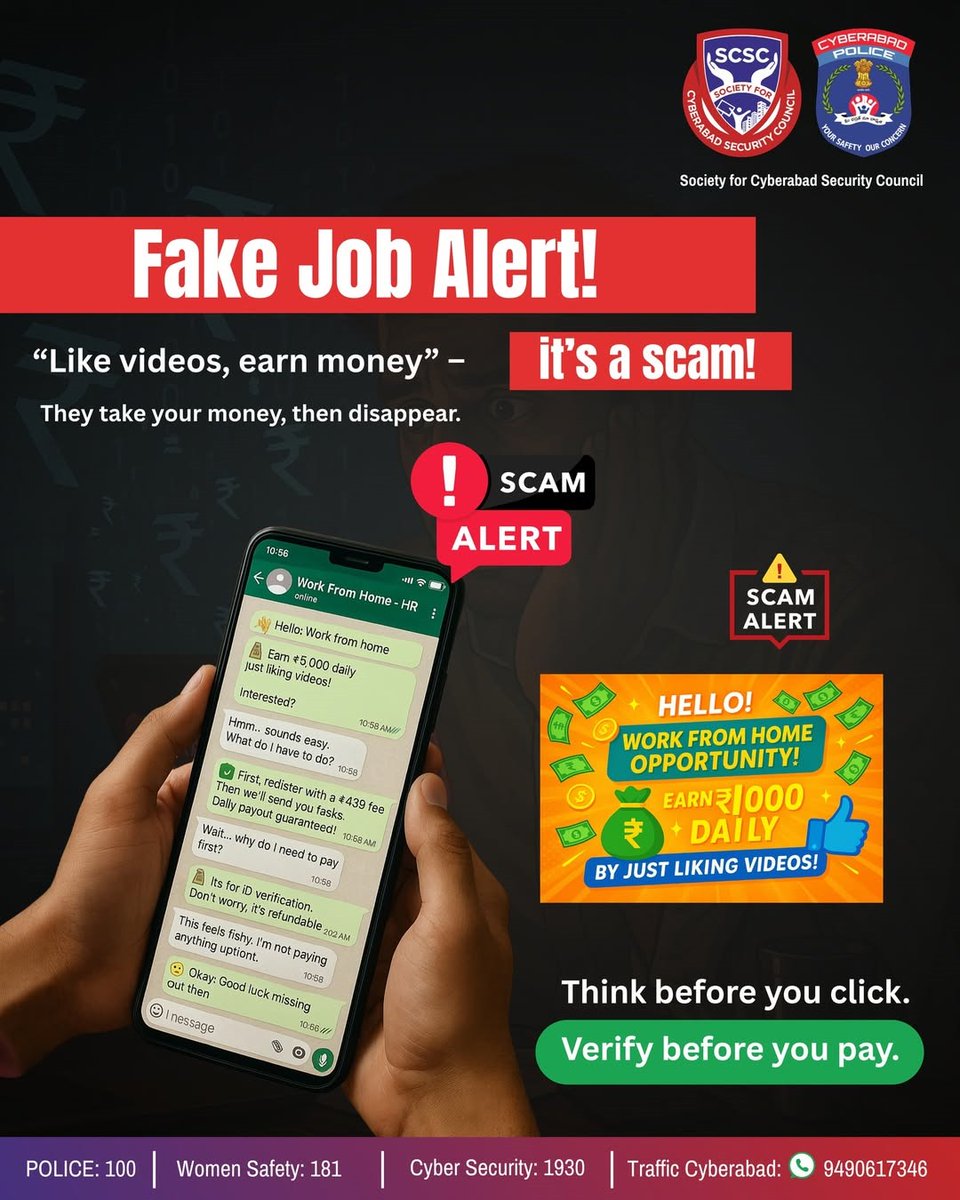 SCSC_Cyberabad's tweet image. 💼 Don’t Fall for Part-Time Job Scams! 🚨

Fake job offers promising easy money = 🚩
❌ Don’t pay registration/training fees
✅ Verify company before applying
📞 Report: 1930 | cybercrime.gov.in

Stay alert. Stay scam-free! 💪

#CyberJagruktaDiwas #SCSC #CyberabadPolice