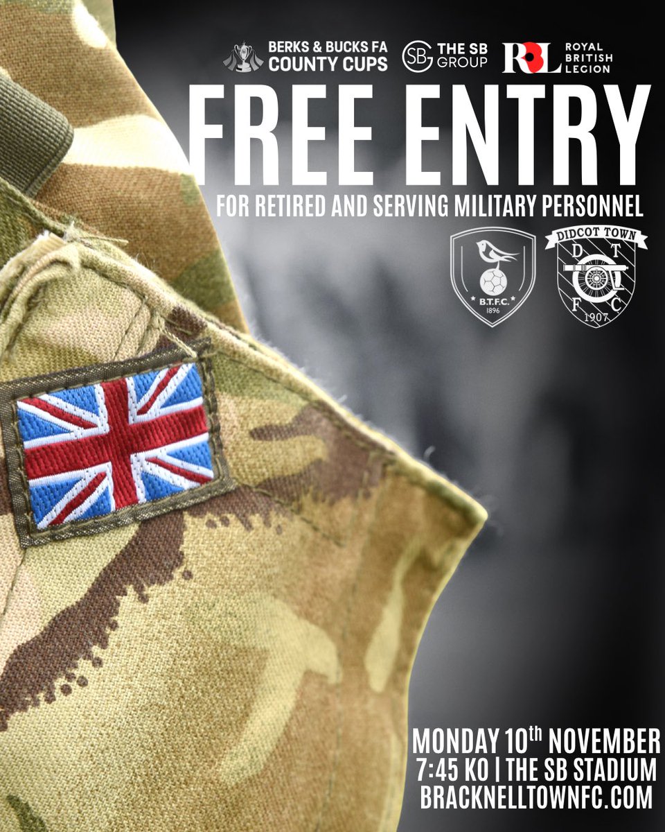 🎖 FREE ENTRY for retired and serving military personnel

As part of our Remembrance Game, we’re proud to offer free entry to all members of the armed forces. Past and present ❤️

Join us Monday 10th November as we host Didcot Town in the Berks &amp; Bucks County Cup under the lights