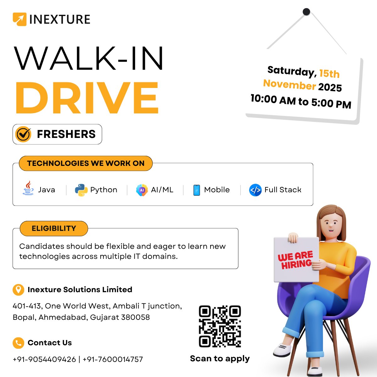 inexture's tweet image. 💥 Freshers Wanted!

📅 15 Nov 2025 (Saturday)
🕙 10 AM – 5 PM
📍 Inexture Solutions Ltd., One World West, Ambli T Junction, Ahmedabad

 register now : bit.ly/43HICqs
📞 +91 9054409426 | +91 7600014757

#InextureSolutions #WalkInDrive #Freshers #TechCareers #WeAreHiring